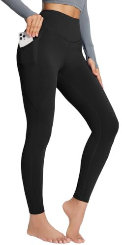 baleaf Women's Fleece Lined Leggings Thermal Pants with Pockets Winter Warm High Waisted Petite Yoga Trousers Black L