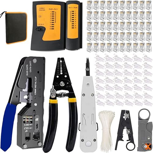 MAYLINE - Crimpadora RJ45 para cables de red CAT7 CAT5 CAT6, herramientas kit de red profesionales, pasante de crimpado de terminales Ethernet, LAN Crimper, prensadora crimpadora Tester (azul)