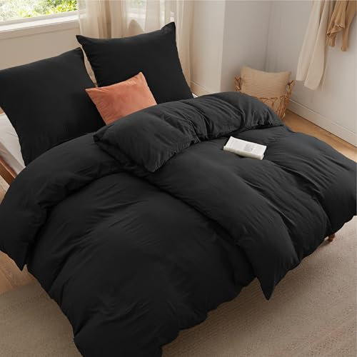 BEDSURE Bettwäsche 135x200 4teilig Bettbezug - Weiche Baumwollähnlich Bettwäsche-Set 135 x 200 cm 2er Set mit 2 Kissenbezüge 80x80 cm, ÖKO-TEX Deckenbezug Bedding Schwarz mit Reißverschluss
