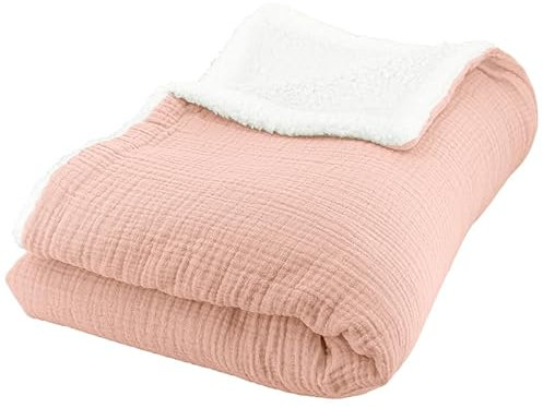 CÔTE DECO Plaid Polaire et Gaze de Coton 130x170, Couverture Chaude et Douce pour lit ou canapé. (Rose pêche)