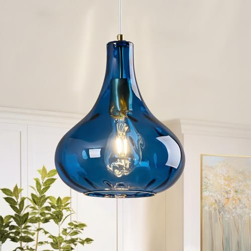 ZYBWL Suspension luminaire verre bleu, lustre métal doré, suspensions d'éclairage intérieur moderne, suspension luminaire cuisine, chambre, salon, Ø 24 cm