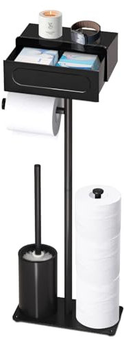 Yichalodge Klopapierhalter Stehend, Klopapierhalter Stehend mit WC Bürste Kohlenstoffstahl Tablett und Feuchttücherbox, Toilettenbürste Ständer(Schwarz)