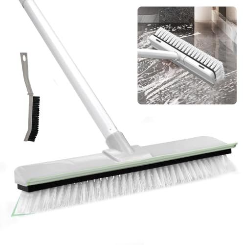 YBCCBY 2 in 1 Floor Scrubbing Brush With Long Handle, Heavy Duty Stiff Bristle With Squeegee and Crevice Cleaner for Kitchen, Bathroom, Patio, Wall, Swimming Pool and Deck