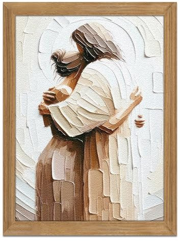 Gerahmte 3D-strukturierte Wandkunst, Jesus umarmende Frau, sicher in seinen Armen, handgezeichneter Sandstein, Wanddekoration, christliche Wandkunst, Heimdekoration für Wohn- und Gebetsraum, 40,6 x 61