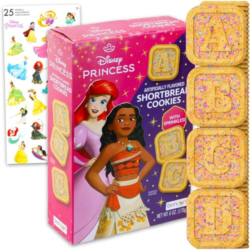 Disney Prinzessin Shortbread Cookies Snackbox (170 ml) – Speisekammer, Geburtstagsparty, Gastgeschenke, Kekspackung mit Disney Prinzessin, bestreute Kekse, süße Leckereien und Aufkleber, Kinder-Snacks