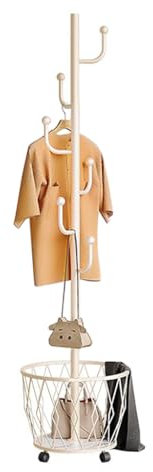 Appendiabiti Mobile Indipendente,Albero dei Cappotti Rotolante A Forma di Cactus con 6 Ganci A Forma di L E Cesto Portaoggetti,Appendiabiti in Metallo per Ingresso Camera(Color:Beige)