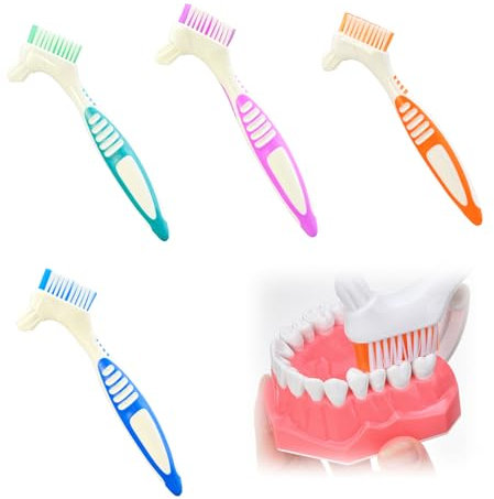 Pack de 4 Brosses à Dents pour Dentiers, dentier, Conception Double Angle, Portable, Multicolore, Idéale pour le Nettoyage des Prothèses Dentaires et des Appareils Dentaires