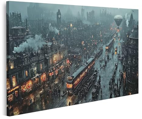 islandburner Bild auf Leinwand Regnerische Nacht in der viktorianischen Stadt mit Luftschiff 1 für Wohnzimmer Steampunk-Enthusiasten Buchhandlung Bilder Wandbilder Poster
