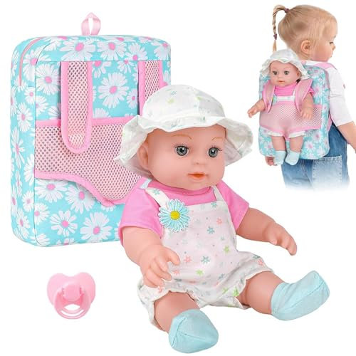 Baby Dolls with Flower Backpack Carrier, 12 Pouces de bébé réaliste poupées avec des vêtements Portables et des Accessoires de Mamelon pour Les Cadeaux pour Les Filles pour Enfants