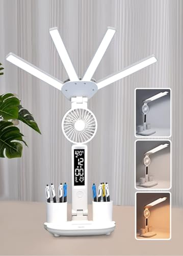 niccryle Led Desk Lamp with Fan Night Light with Clock, Adjustable Foldable Table Lamp with Pen Holder, 3 Brightness Levels, USB Charging Port