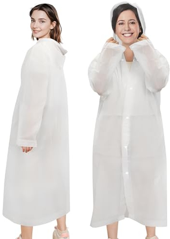 WkrCyncharis Rain Ponchos for Adults Reusable (2 Pack), Waterproof EVA Raincoats with Hood & Drawstring for Women & Men, White