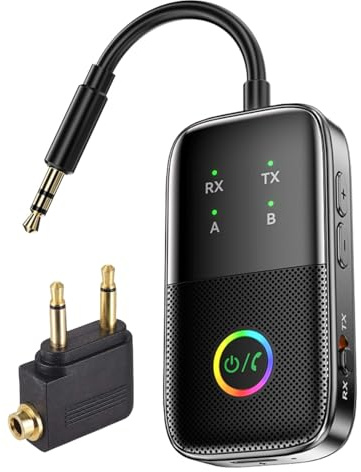 Trasmettitore Ricevitore 2-in-1Bluetooth 5.2 per TV/Aereo/Palestra/Nave, Doppio Collegamento aptX Adaptive a Bassa Latenza, Adattatore Wireless per Jack 3.5mm, Supporta 2 Cuffie