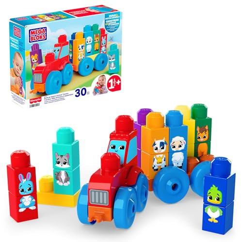 MEGA BLOKS First Builders Build & Match Animal Tractor Toddler Blocks Toy | 30 Pieces, Rolling Wheelbase, Learn Animals and Colors, Red and Blue, Preschool Kids Ages 1+ Years, Easy to Build, JKG33