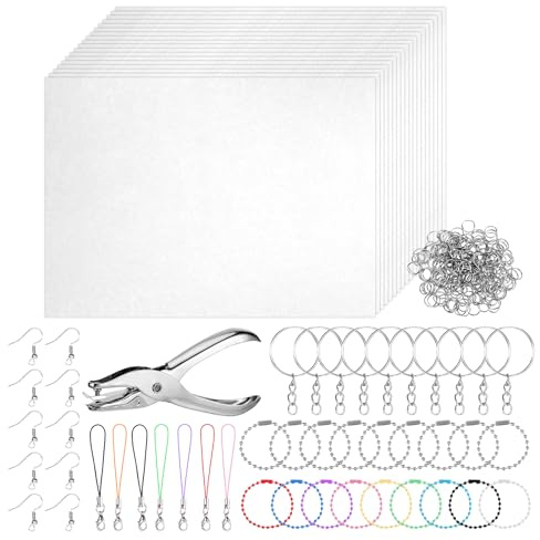 221 Stück A5 Schrumpffolie Set-Schrumpffolie Bedruckbar, Enthält Schrumpfpapier, Öffnungsring, Schlüsselring, bunte Perlenkette, silberne Perlenkette, buntes Schlüsselband, Ohrringhaken und Locher