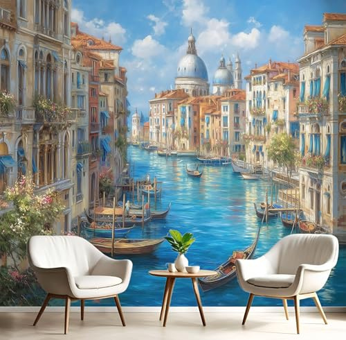 Fototapete Venedig Stadtbild 300X210Cm - Seidentapete - Königsblau Wandtapete - Vintage Ölgemälde Art Fototapete - Wand - Wandbilder Schlafzimmer Wohnzimmer Bildtapete Foto Tapete