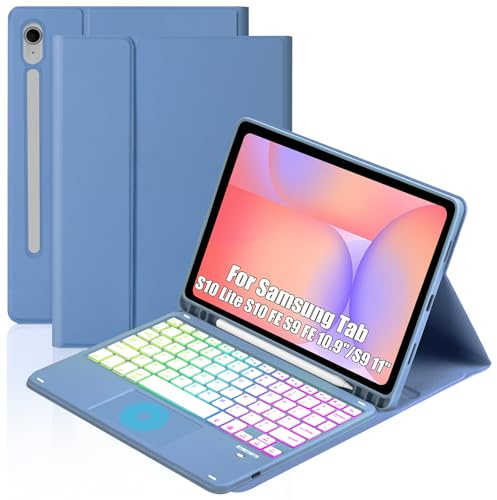 MePadKey Étui avec clavier tactile pour tablette Samsung Galaxy Tab S10 Lite/S10 FE/S9 FE 11 / S9 11 2025/2023, rétroéclairage arc-en-ciel de type C avec support de crayon (bleu)