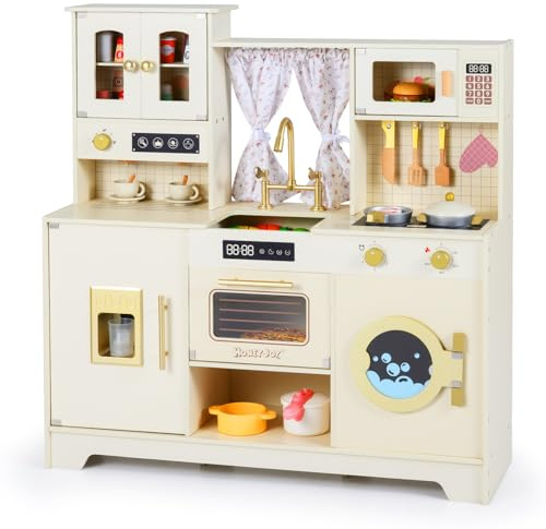 COSTWAY Cocina Juguete, Cocinita Infantil Madera con Estufas, Grifo, Cafetera, Dispensador de Hielo, Horno, Microondas, Lavavajillas, Armario y 14 Accesorios, Cocina Madera para Niños de 3+ Años