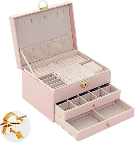 Boite a Bijoux Fille empilable à 3,boite a bijoux femme,jewelry box,jewelry organizer,niveaux avec serrure, compartiments et clé, 2 tiroirs, pour bagues, boucles d'oreilles, bracelets, colliers (rose)