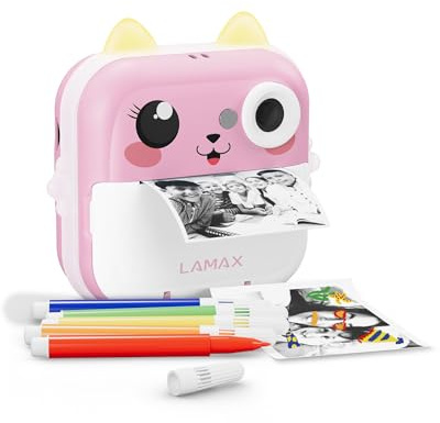 LAMAX InstaKid2 Plus Kinderkamera Sofortbildkamera mit Thermodruck ohne Tinte, 48 MP, Full HD Video, App, Sticker & Notizen drucken, Spiele, Selfie-Spiegel, USB-C, microSD (InstaKid2 Plus Pink)