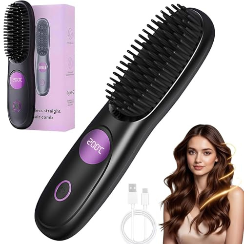 Kabellose Haarglätterbürste Elektrisch, Haarglätterbürste, Tragbare Haarbürste Stylingbürste für Langes Kurzes Haare Damen Mädchen, Hair Straightener für Reisen Täglichen Gebrauch