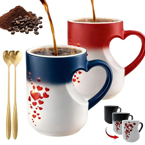 Heart-Shaped Color Changing Magic Ceramic Mug, Heat Sensitive Magic Color Changing Coffee Mug With Red Heart & Heart-Shaped Handle, Romantic Personalized Coffee Mug Gift For Couples (2PC-A)