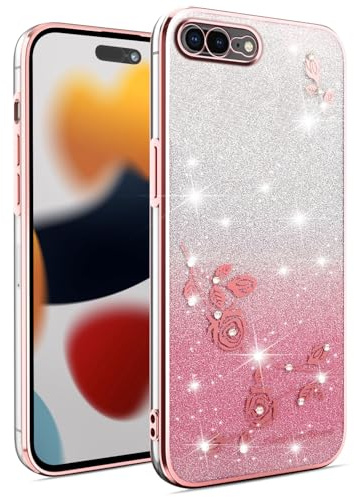 SEHEYA For iPhone 7 Plus/iPhone 8 Plus Case Glitter Electroplated Diamond Sparkle Preserved Flower Phone Cover Bling Rhinestones Design Transparent Shockproof Phone Cases, Pink