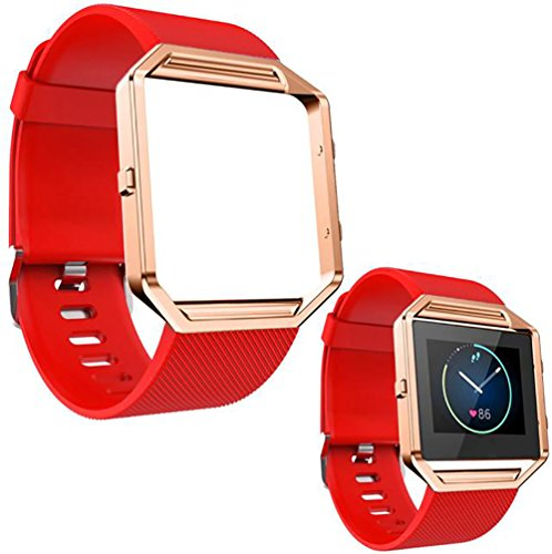 Maucoray Uhrenarmband mit Edelstahlrahmen Kompatibel für Fitbit Blaze Smartwatch, Silikonarmband Ersatzzubehör Verstellbares Armband (rot)