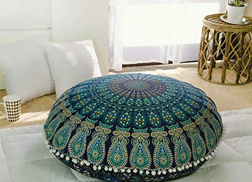 Popular Handicrafts Bodenkissenbezug, Hippie-Mandala-Kissenbezug, große Baumwolle, Pouf-Bezug rund böhmisches Yoga-Dekor, 81 cm, Blau-Türkis