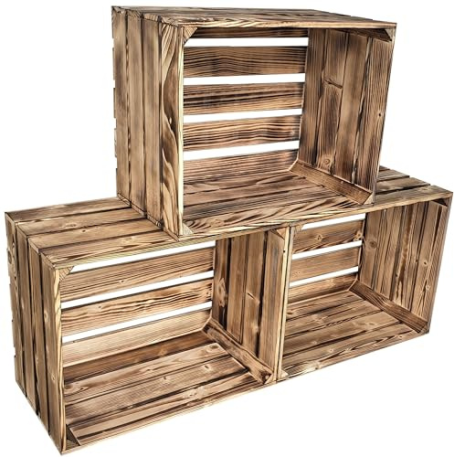 3er Set Holzkiste Groß Aus Holz, Weinkisten Vintage 50x40x30cm Geflammt | Holzbox Für Aufbewahrung, Holzregal, Robuste Obstkisten & Apfelkisten, Deko Kiste Für Küche, Wohnzimmer
