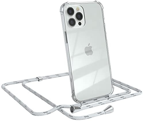 EAZY CASE Handykette kompatibel mit iPhone 12 Pro Max Handyhülle mit Umhängeband, Handykordel mit Schutzhülle, Silikonhülle, Hülle mit Band, Stylische Kette für Smartphones, Weiß/Silber