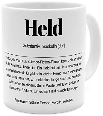 Tasse mit Definition Held - Tasse mit Spruch, Wörterbuchtasse, Geschenktasse, witzig, Kaffeebecher, Becher, Kaffeetasse - Farbe Weiß