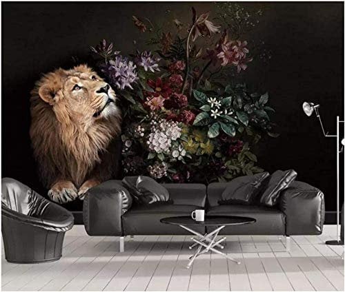 Tapete Betonoptik Vliestapete Blumen Gelber Löwe 400X280Cm 3D Fototapeten Wandbild Motivtapeten Vlies-Tapeten Wandtapete Tapete Wohnzimmer Schlafzimmer Wandbild