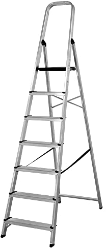 Amig - Teleskopleiter mit 7 Stufen | Aluminium | Maße der kleinen Schritte: 28x8 cm | Maße der großen Stufe: 25x25x28 cm | Heimgebrauch | Maximale Belastung 150 kg