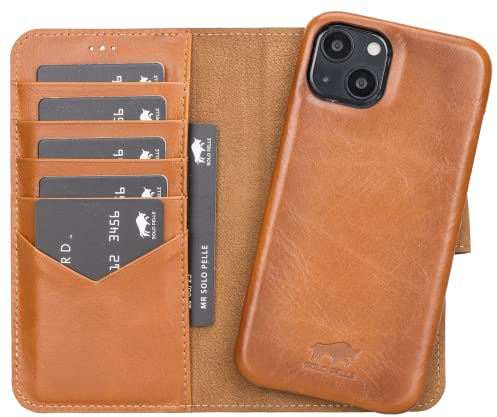 Solo Pelle Lederhülle kompatibel für iPhone 13 in 6.1 Zoll abnehmbare Hülle (2in1) inkl. Kartenfächer für das original Apple iPhone 13 (Vollleder Cognac Braun)