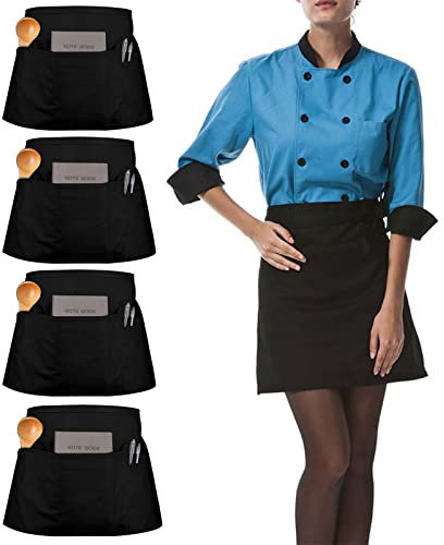 4 Stücks Schwarz Schürze Kurz, Wasserdicht Halbschürze mit 3 Taschen, Herren Damen Arbeitsschürze für Koch, Küchen, Kellner, Back, Grill, Bistro