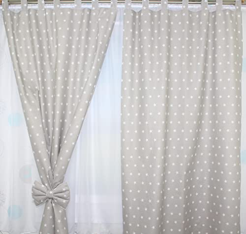 Kinderzimmer Vorhänge Gardinen 2er Set - Sterne auf Grau - mit Schlaufen für Baby Kinder
