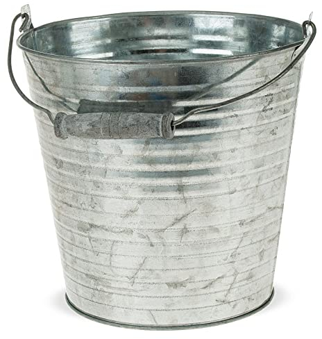Matches21 Seau en zinc avec anse et rainures - Pot de fleurs décoratif - 1 pièce - Diamètre : 20-28 x 25 cm