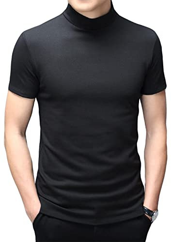 Mens T Shirt Short Sleeve Basic Mock Turtleneck Slim Fit Undershirt Pullover Thermal Solid Tops Black XL
