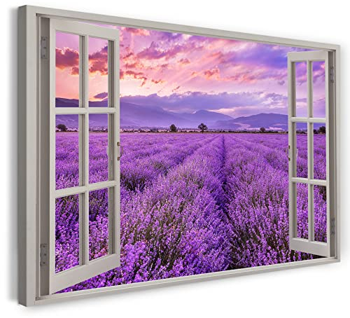 Printistico Bilder Fensterblick 120x80cm Baumwoll-Leinwand auf Keilrahmen mit Aufhänger moderner Kunstdruck XXL Wandbilder Wand-Dekoration Sonnenuntergang Blumen Feld Violet - Natur-Fotografie