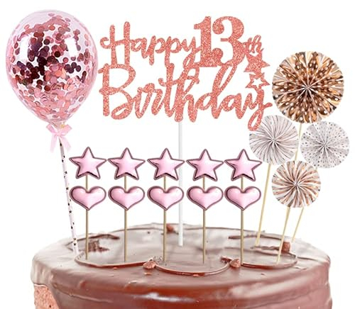 POPOYU 16-stück Glitzer 13. Geburtstagstorte Topper, Roségold Cake Topper Deko, Happy 13th Birthday Kuchendeko Luftballons für 13. Geburtstag Party Kuchen Deko