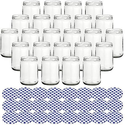 gouveo 24er Set Einmachgläser 580 ml (0,58 l) Einmachgläser 580 ml Klassik Twist-Off-Schraubdeckel Blueseal Metall karo-blau TO 82 Rundes Sturzglas Vorratsgläser