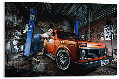 Vintage Auto Poster Lada Niva Offroad Suv Drift Sexy Hot Girl Poster Dekorative Malerei Leinwand Wandposter und Kunstbild Druck Moderne Familie Schlafzimmer Dekor Poster 40 x 60 cm