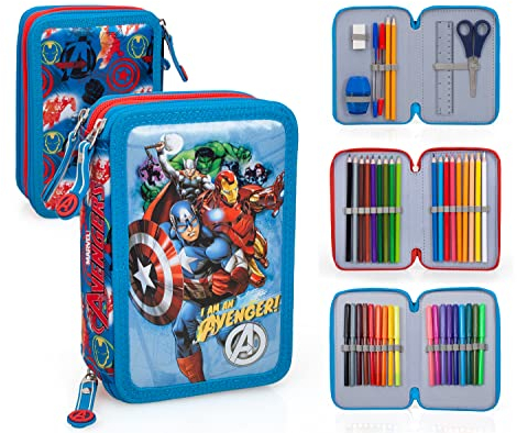 Ragusa-Trade Avengers Hulk Cap. America Iron Man Thor, 3-Fach Federtasche Federmappe, 44 TLG. gefüllt für Jungen Mädchen Kinder, rosa/pink, 20 x 12,5 x 5,5 cm