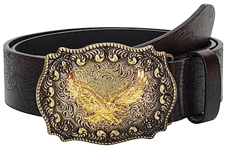 INOGIH Herren-Western-Cowboy-Lederschnallengürtel-mit-Longhorn-Bull-Floral-Graved-Gürtelschnalle für Jeans 33 bis 42 Taille, Adler-dunkler Kaffee, For Waist 34''- 39''