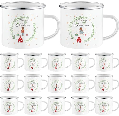 Mifoci 16 Pcs Christmas Enamel Coffee Mugs Bulk 12oz Xmas Hot Chocolate with Silver Rim Cup Gifts Girls Nutcracker Camping for Winter (FLO-Mifoci-500)
