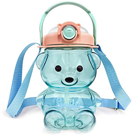 Bear Water Bottle with Straw Kawaii Cute Adjustable and Removable Shoulder Strap (1000mL, Blue)