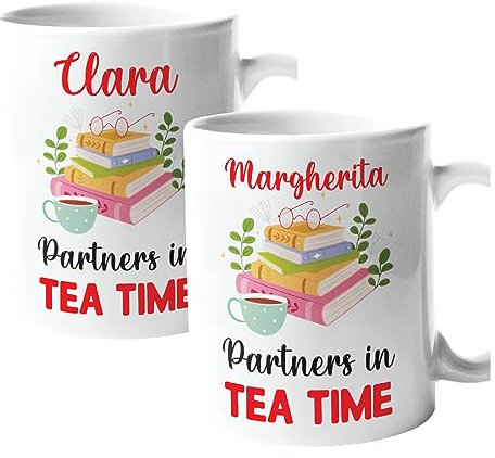 Colorfamily Coppia Tazze Personalizzati SanValentino Set da 2 tazze ceramica Partners in Tea Time Matrimonio Fidanzamento Amore Auguri 11 oz