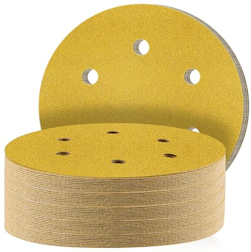 STEBRUAM 50pcs 150mm sanding discs,Sanding Discs Pads for Random Orbital Sander pads and All Oscillating Tools,Yellow sanding discs Hook and Loop 150 Grit 6 Hole 6 Inch Round