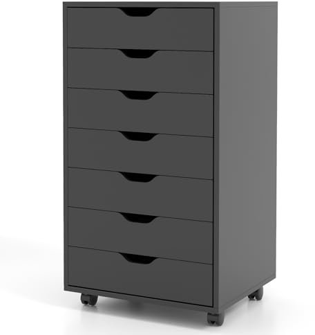 COSTWAY Mobile File Cabinet, 5/7 Drawers Lateral Stationery Storage Organiser Chest with Wheels, Home Office Printer Stand Side Filing Cupboard (Black, 7 Drawers)
