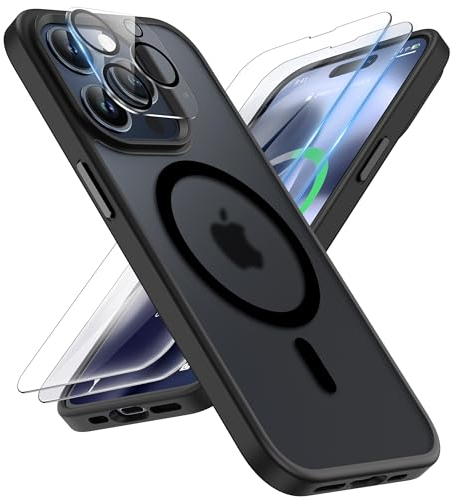ORETECH Magnetic Case for iPhone 15 Pro Case with 2 HD Screen Protector 1 Camera Protector, Fit for MagSafe, Translucent Matte Back Military Grade Shockproof Phone Case Cover - Black